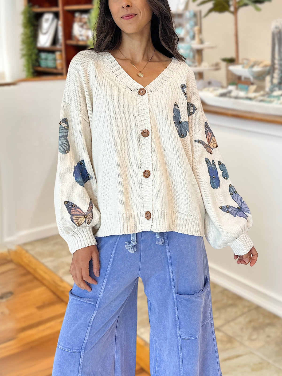 Butterfly Print Studded Cardigan