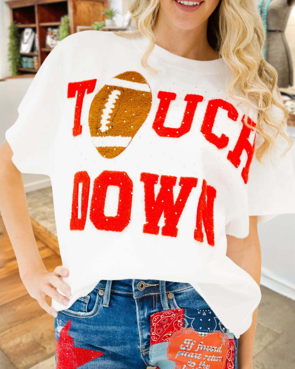 "TOUCH DOWN" Embroidered Rhinestone T-Shirt
