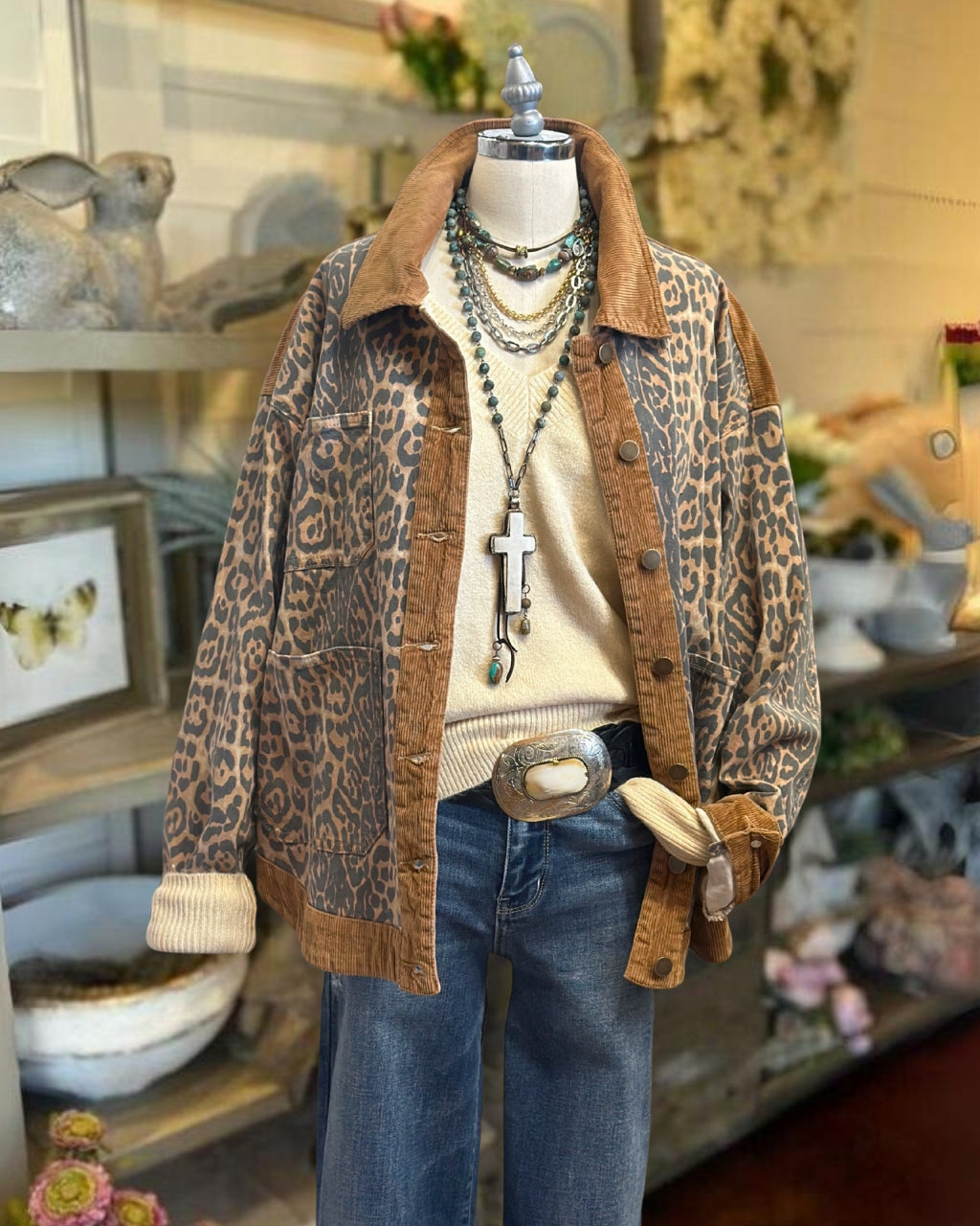 Corduroy Spliced Leopard Print Jacket