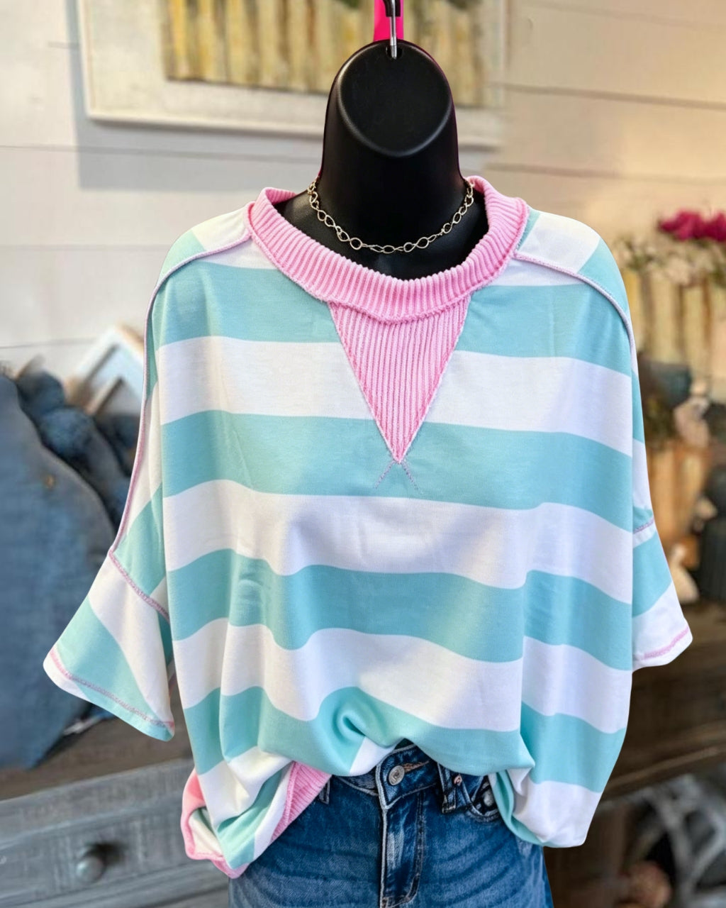 Reverse Stitching Striped Ribbed Trim T-shirt