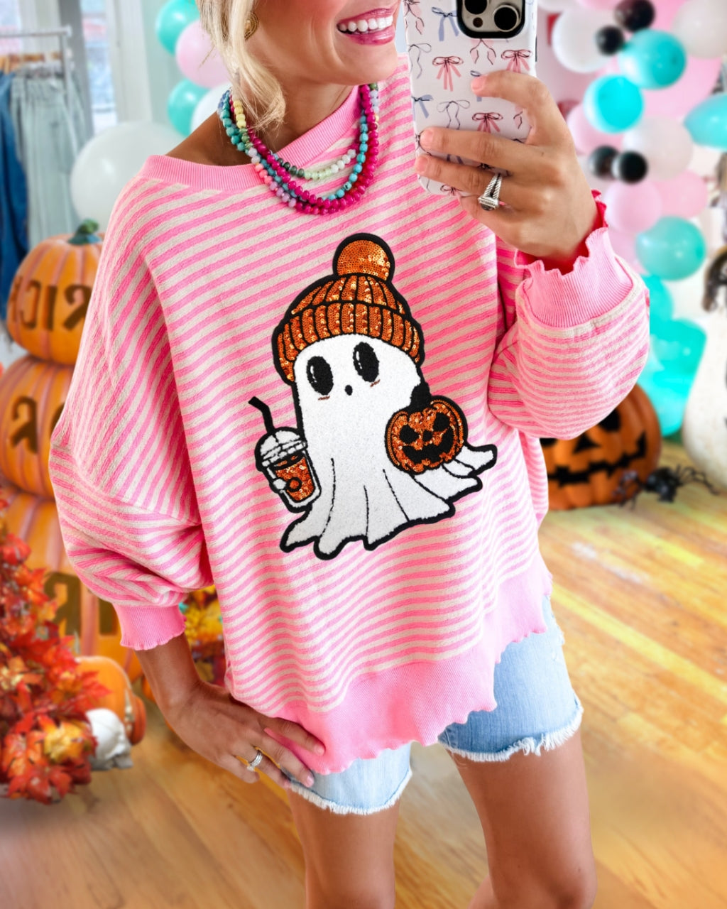Cute Ghost Latte Sequin Striped Pullover