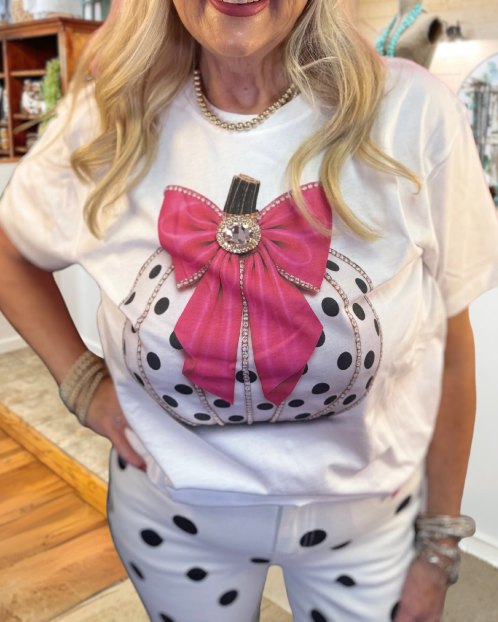 Polka Dot Rhinestone Pumpkin Bow T-shirt