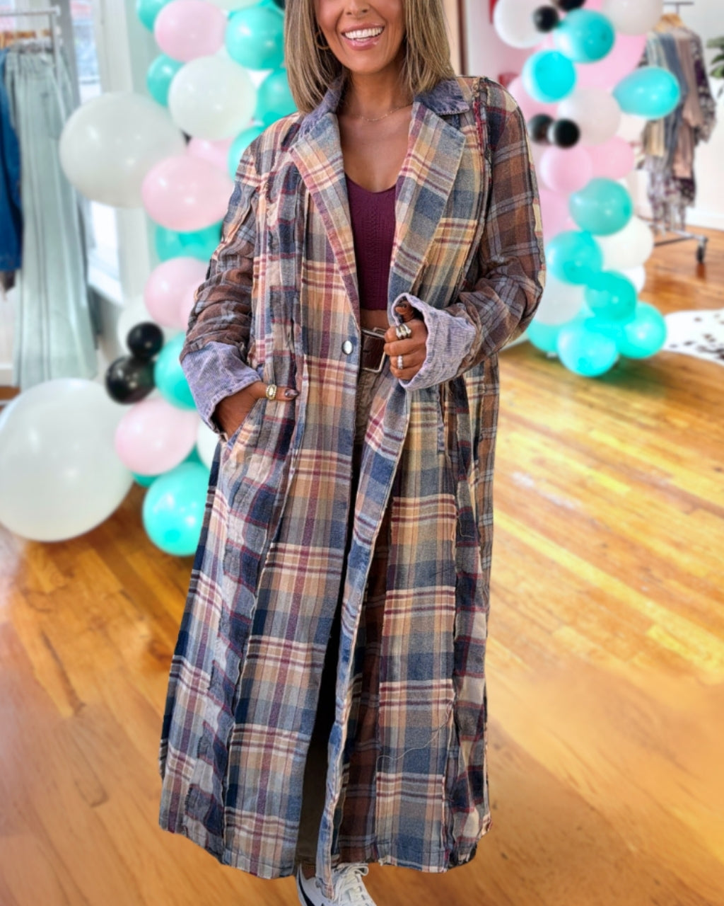Plaid Patchwork Washed Maxi Coat