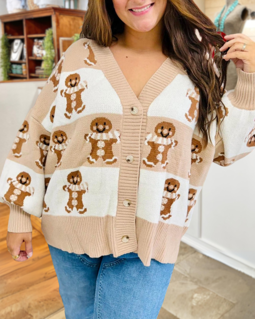 Christmas Gingerbread Man Color-Block Cardigan