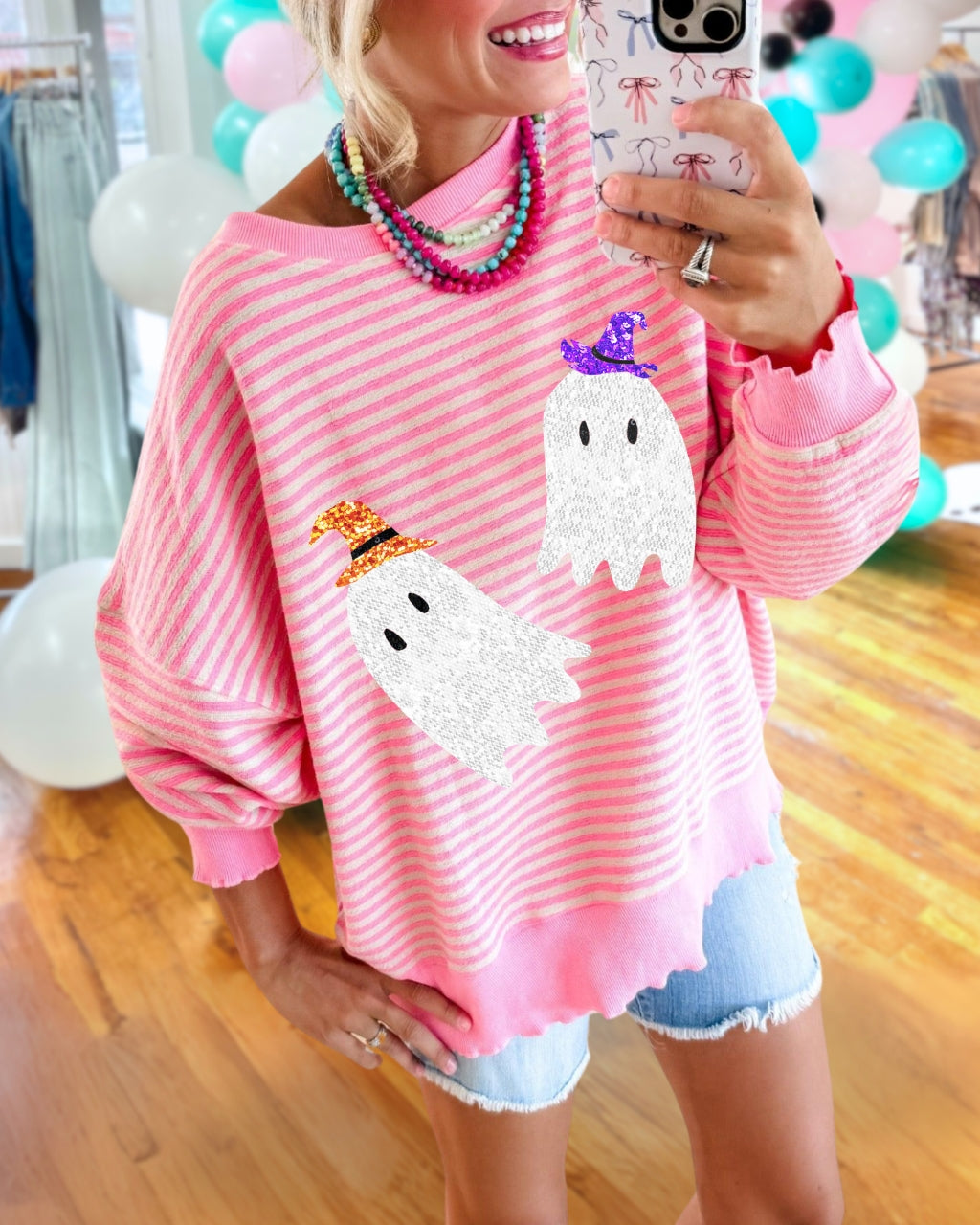 Sequin Ghost Striped Pullover