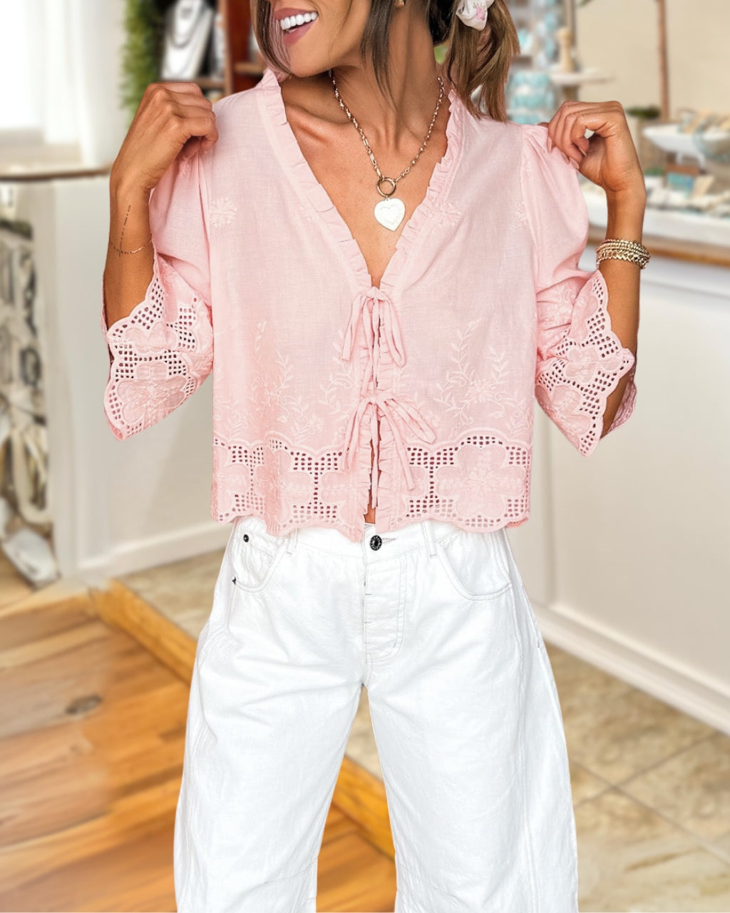 Lace-up Cutout Trim Embroidery Top