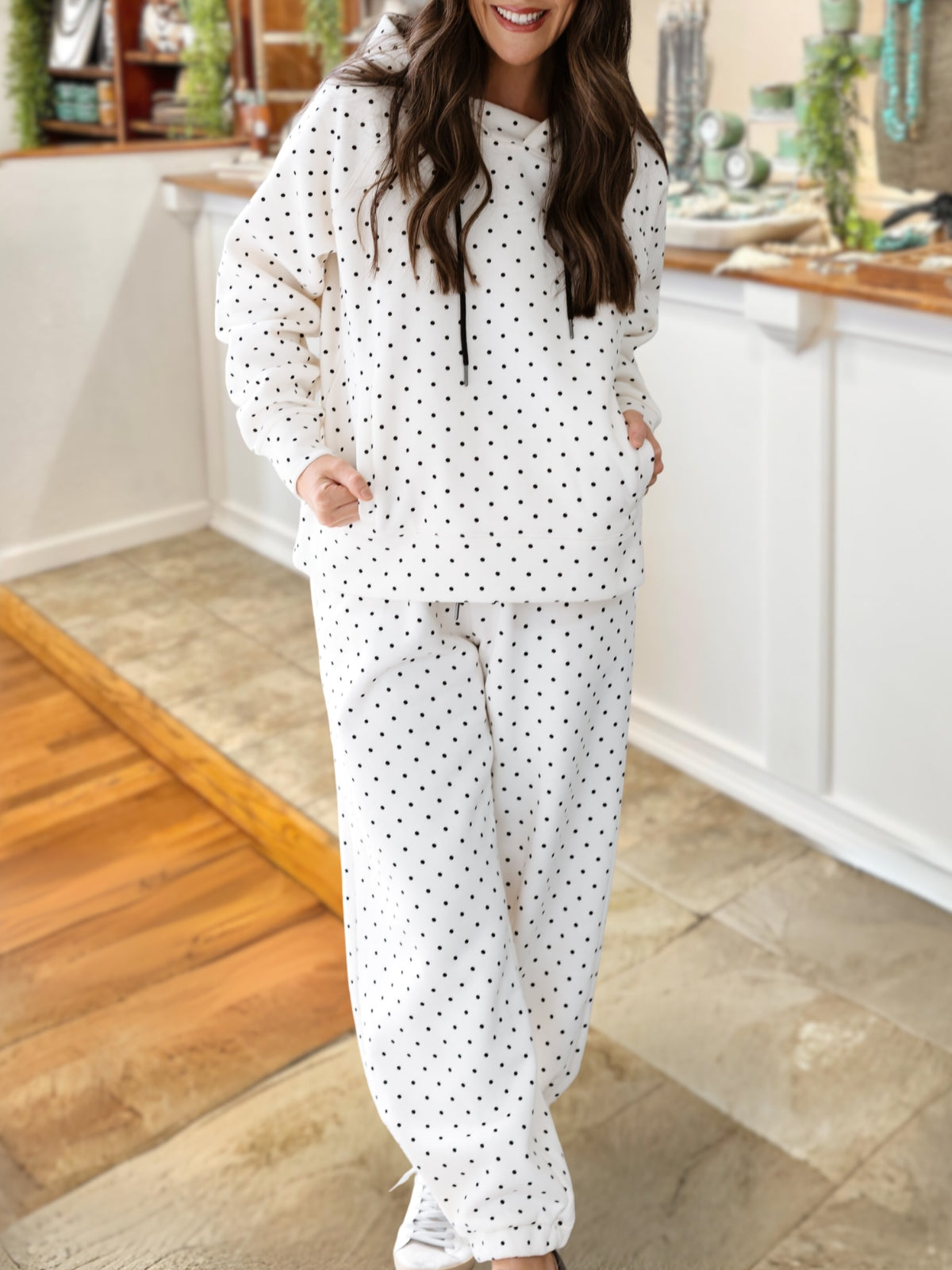 Fashionable Polka Dot Hooded Sweatshirt Set