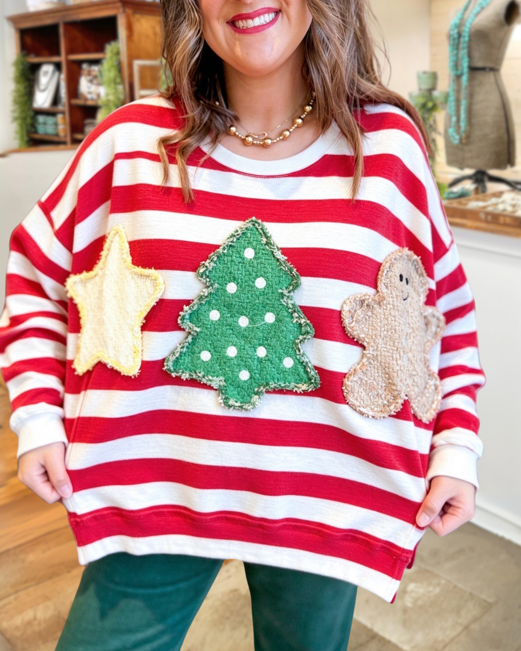 Christmas Tree Star Appliqué Striped Pullover