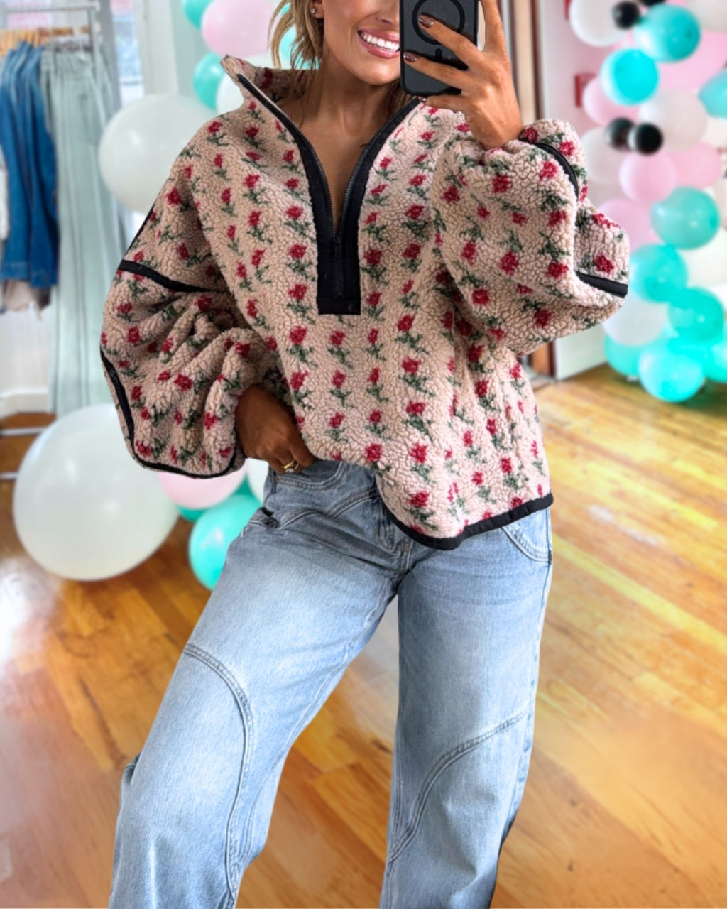 Rose Print Plush Half-zip Pullover