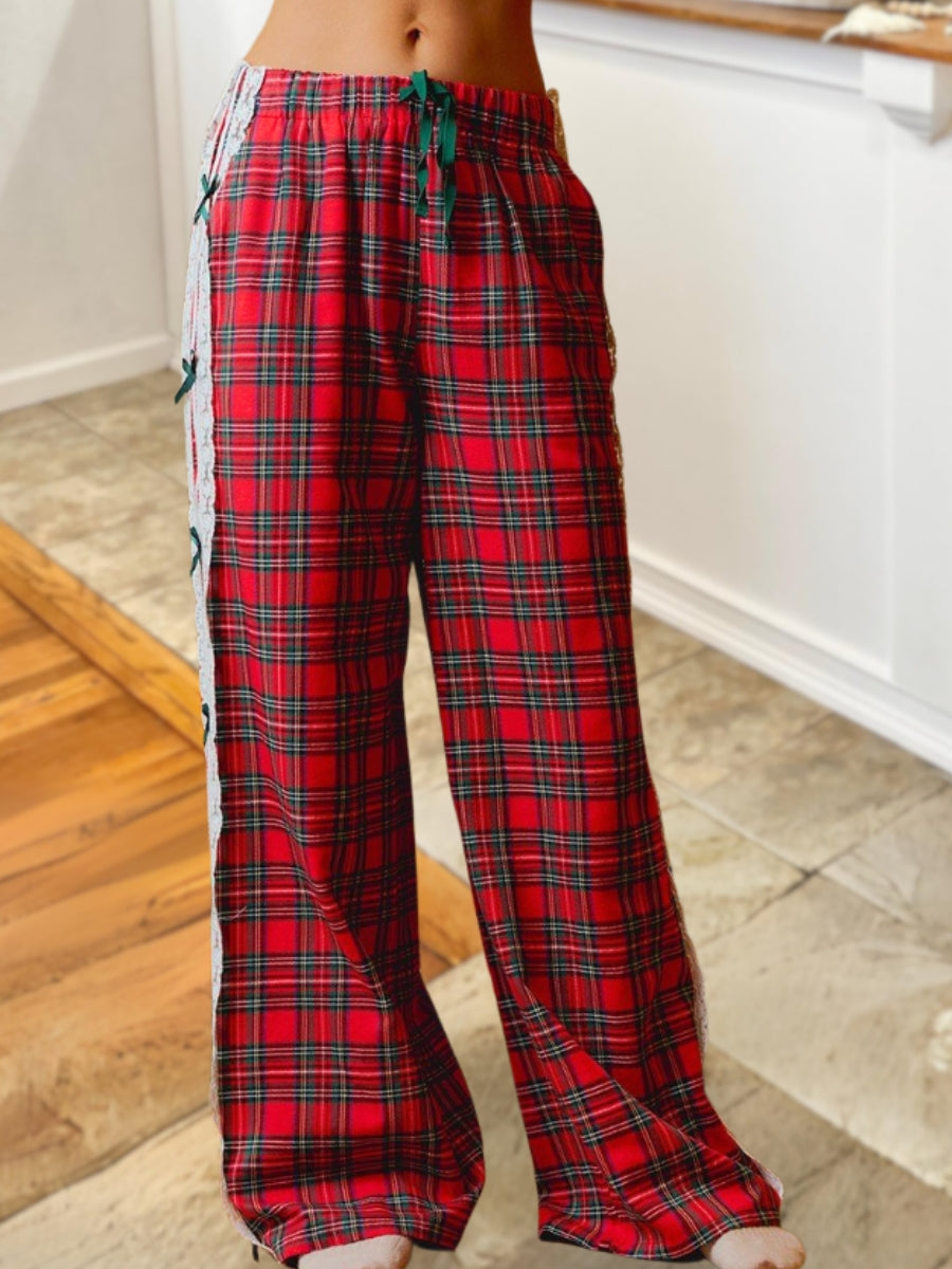 Christmas Lace Bow Plaid Pants