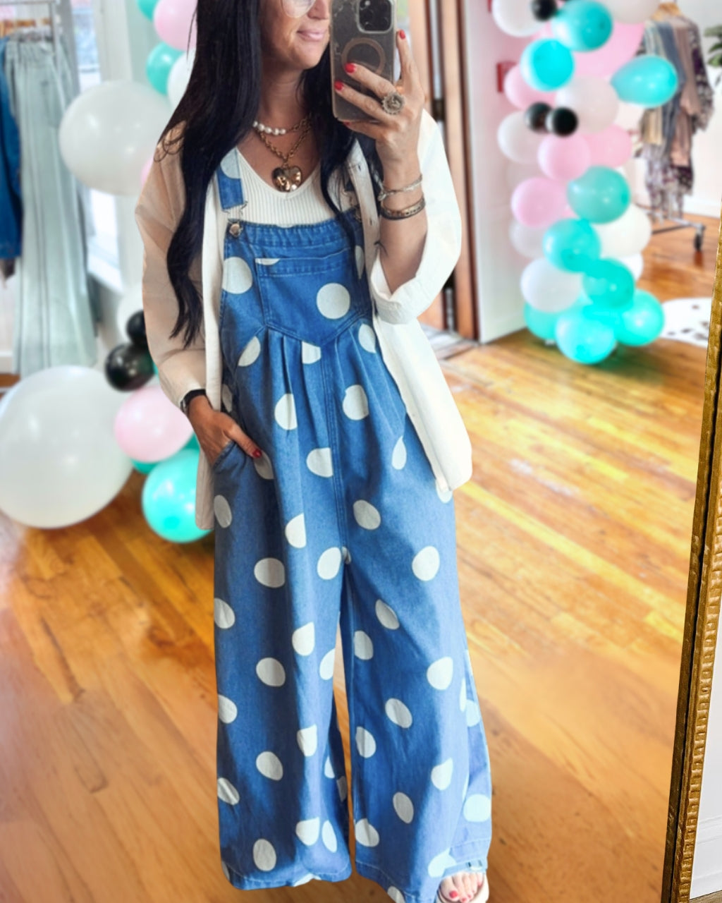 Polka Dot Print Denim Overalls