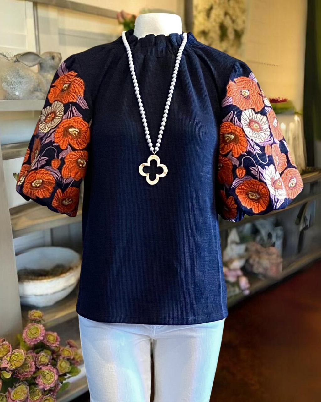 Embroidered Puff Sleeve Top