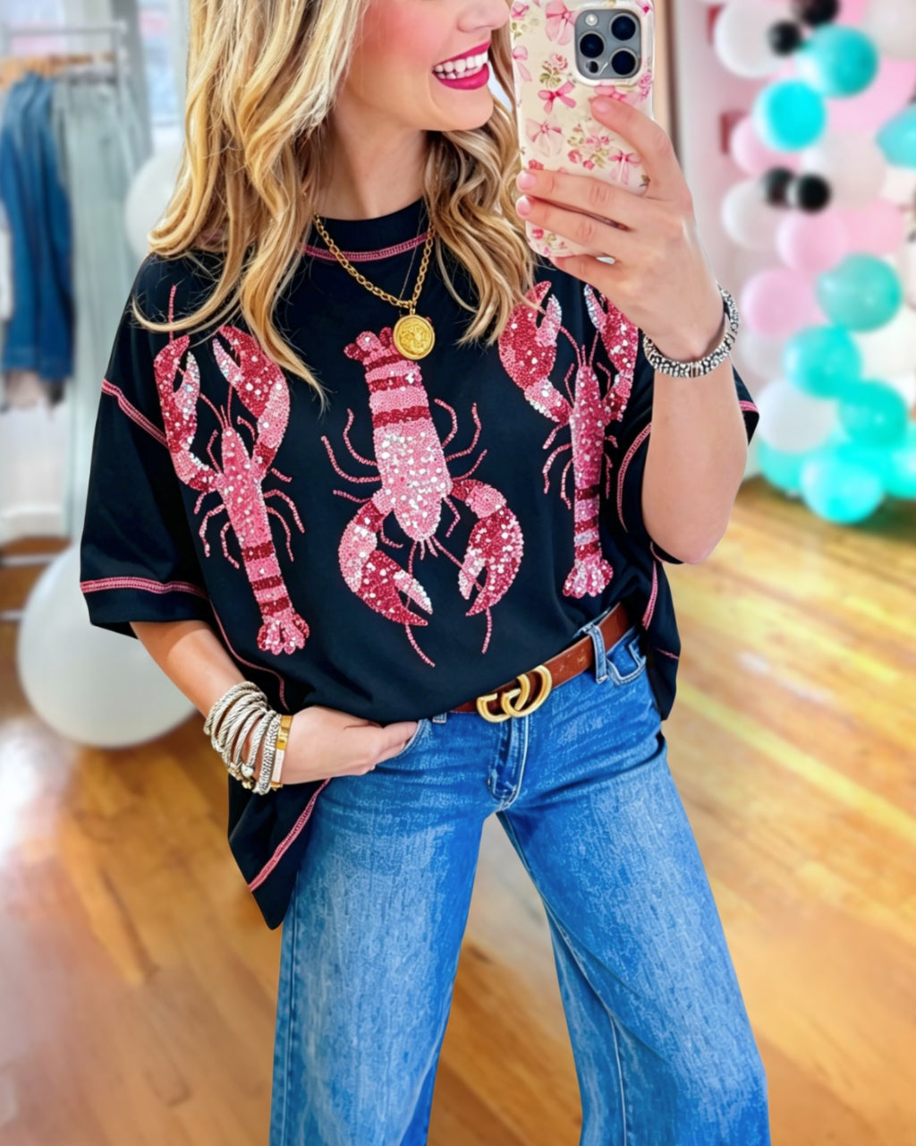 Lobster Sequined Contrast Stitching Top
