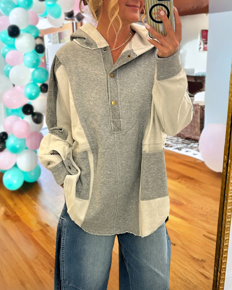 Oversized Colorblock Half-Button Hoodie