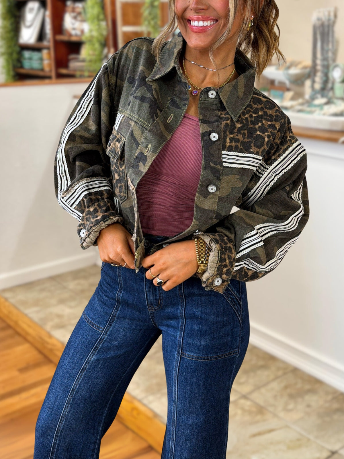 Leopard-Print Camouflage Webbing Jacket