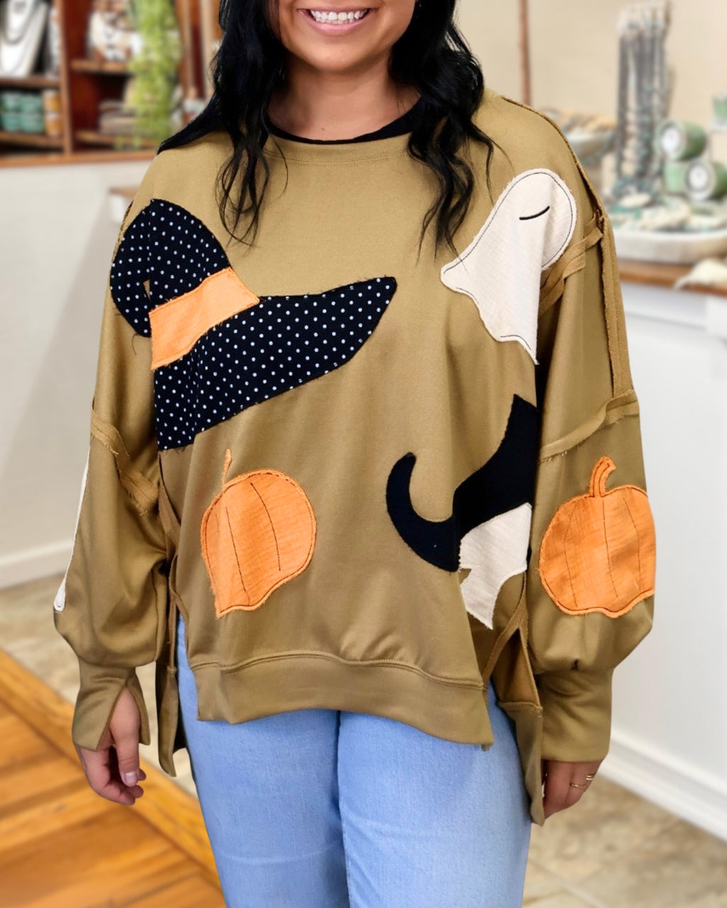 Halloween Pumpkin Ghost Embroidery Patchwork Pullover