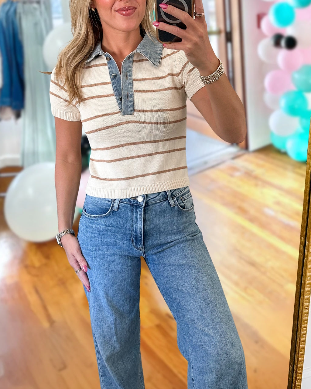 Denim Patchwork Collar Striped Top