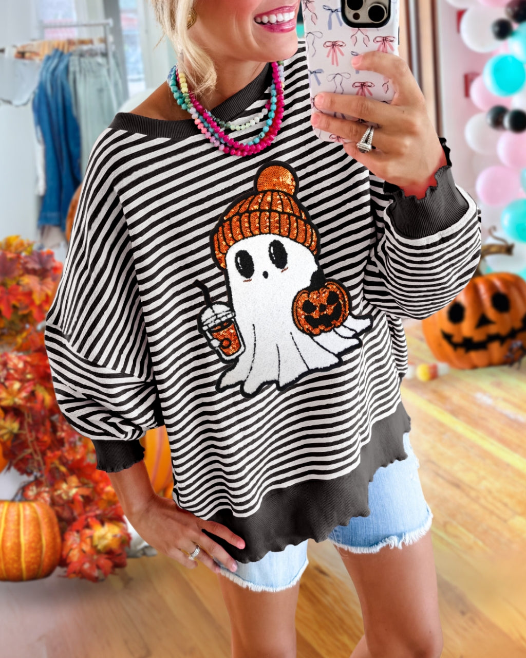 Cute Ghost Latte Sequin Striped Pullover
