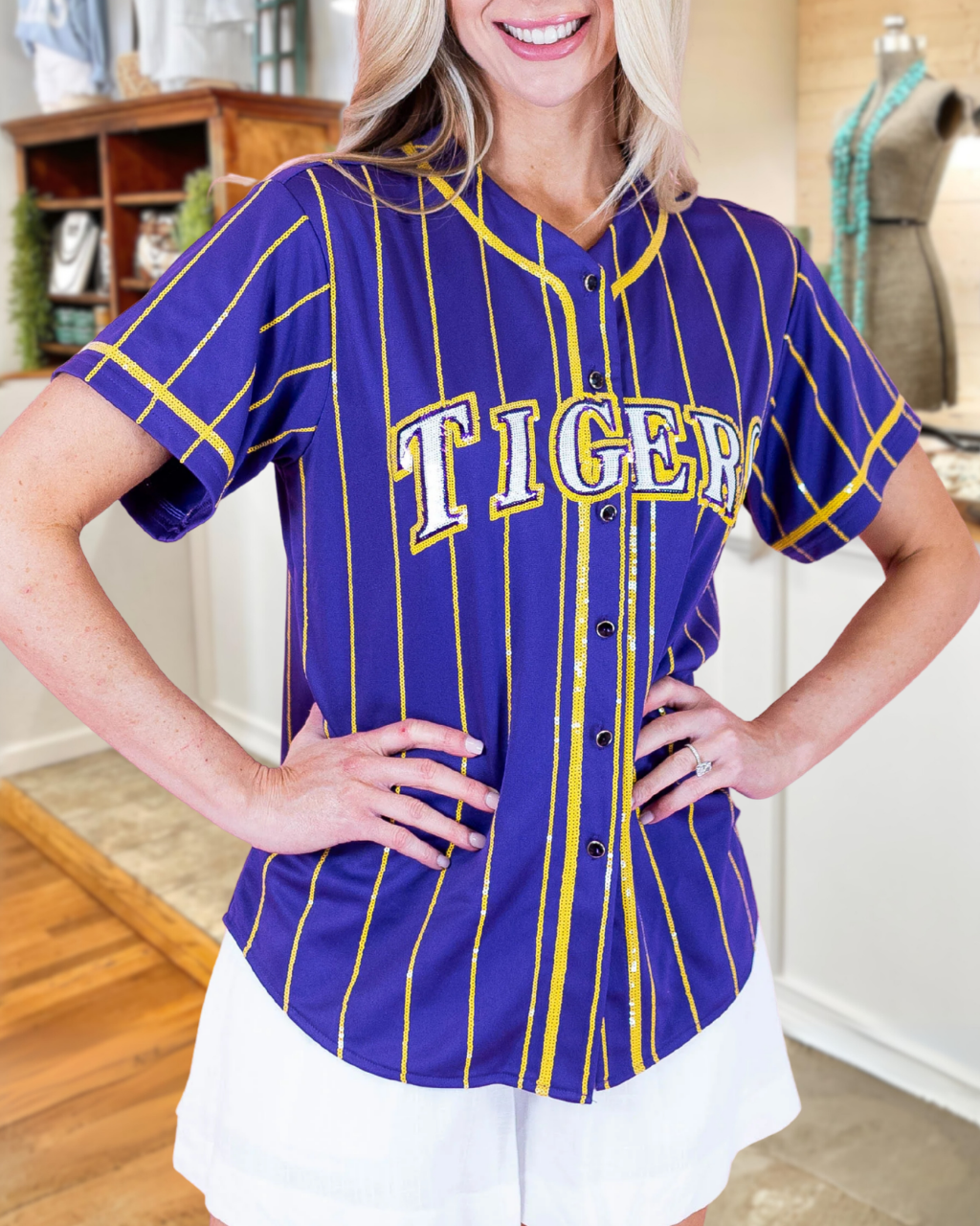 TIGERS Sequined Striped Top