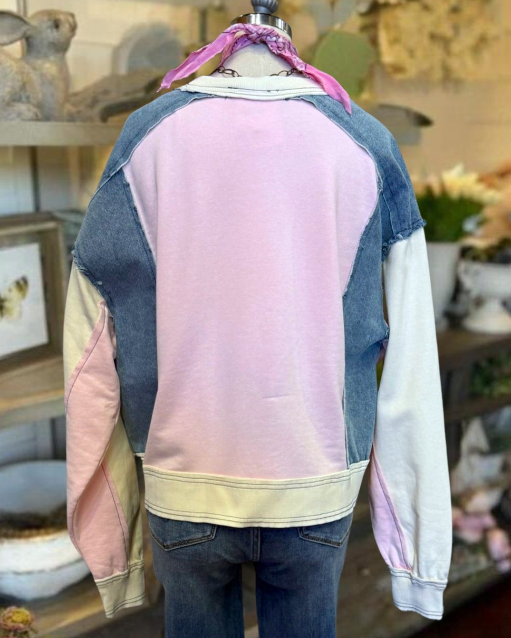 Washed Distressed Color Blocked Pullover