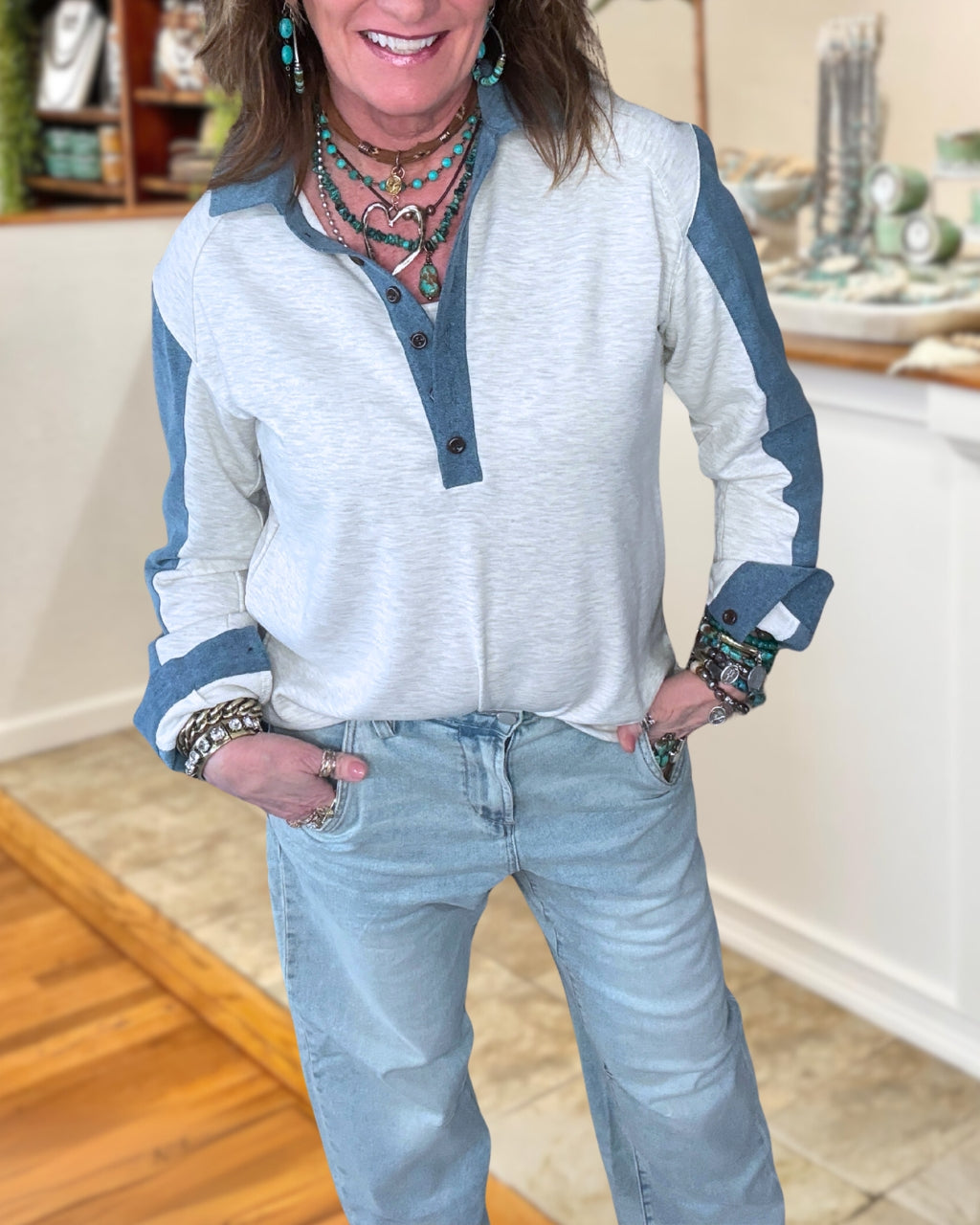 Color Blocked Collared Pullover
