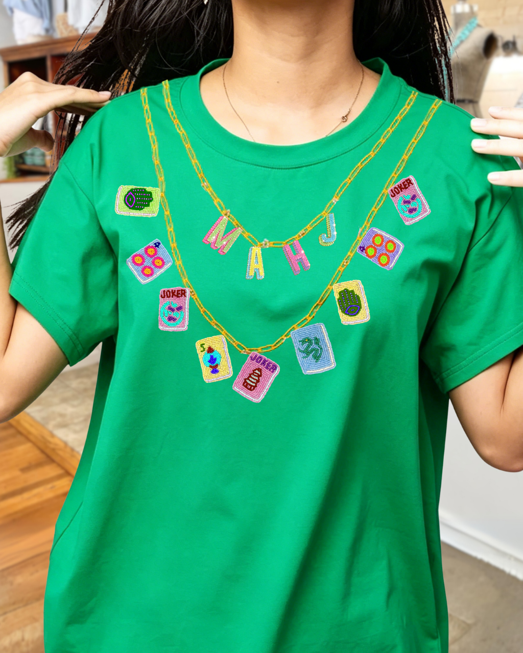 Mahjong Embroidered Necklace T-shirt