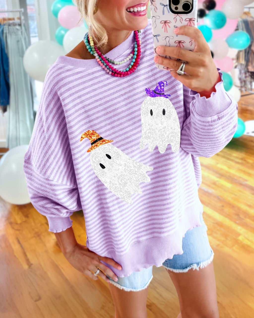 Sequin Ghost Striped Pullover