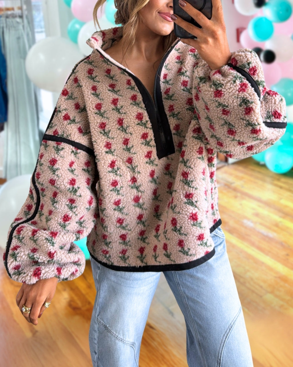 Rose Print Plush Half-zip Pullover