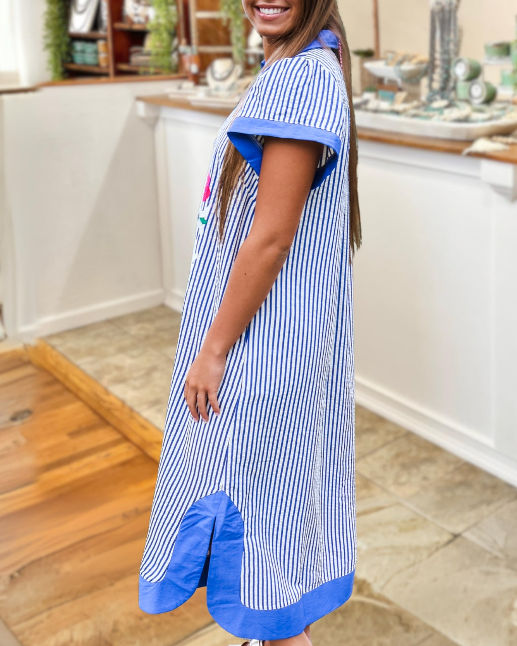 Retro Floral Embroidered Striped Dress