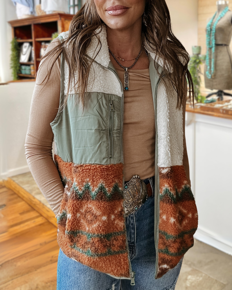 Colorblock Aztec Fleece Vest