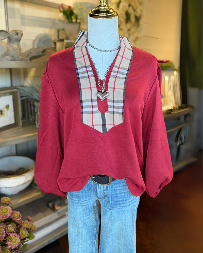 Simple Plaid Trim V-neck Top