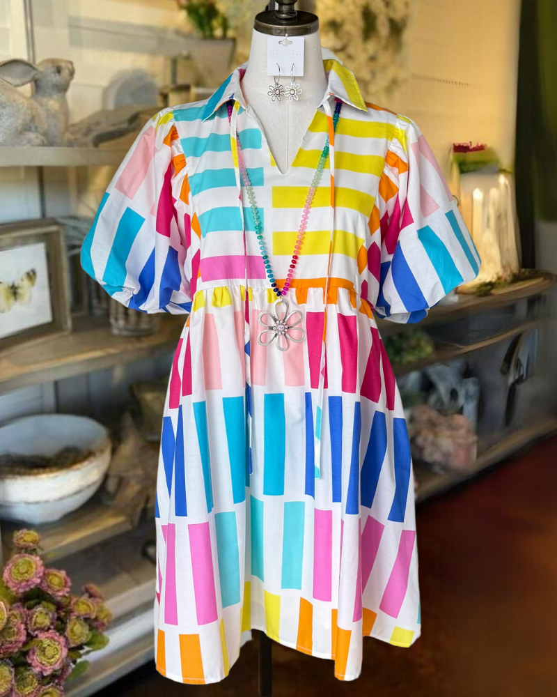 Playful Rainbow Check Satin Dress
