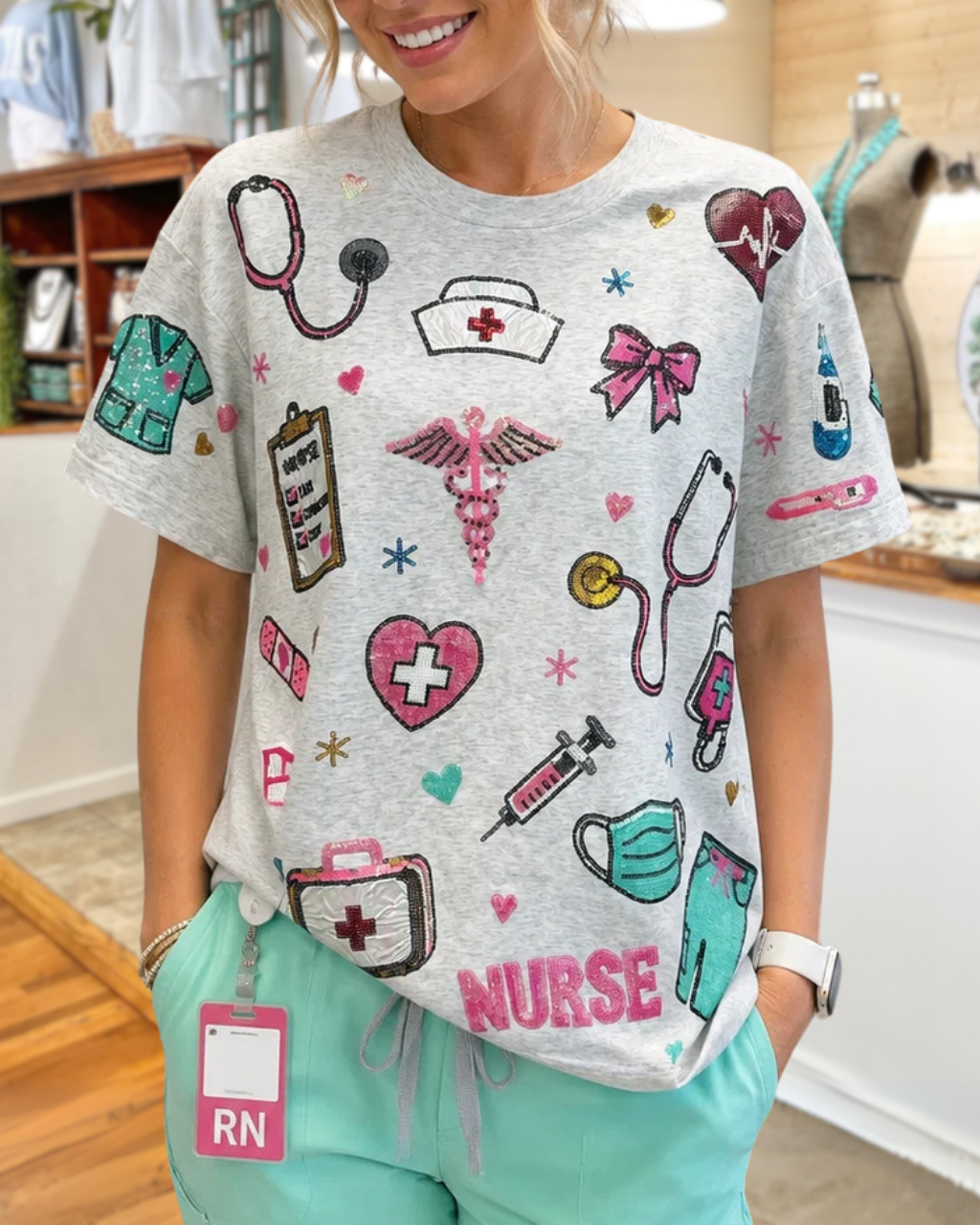 NURSE themed Sequin-Embroidered Tee