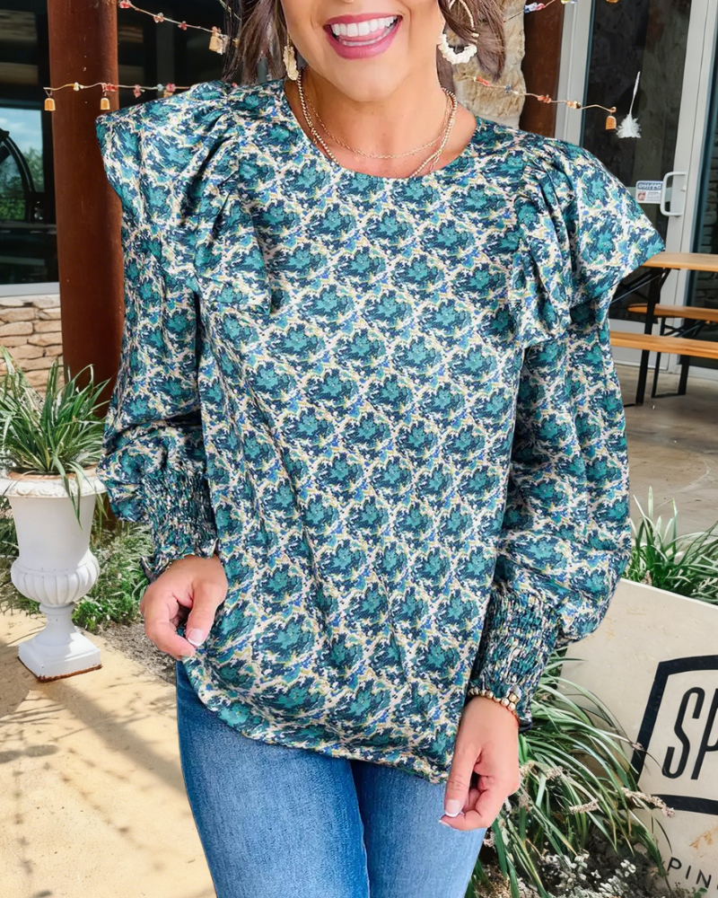 Abstract Print Ruffle Blouse