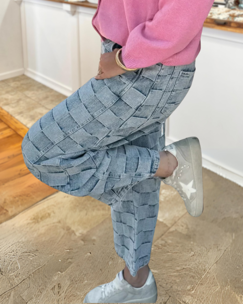 Checkerboard Print Patchwork Jeans