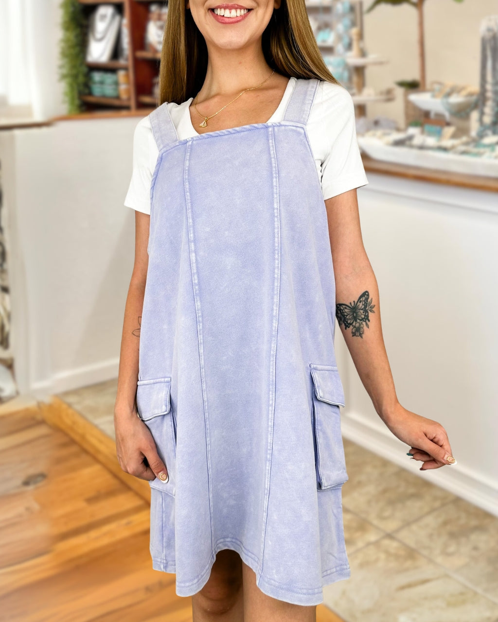 Simple Washed Distressed Overalls Dress