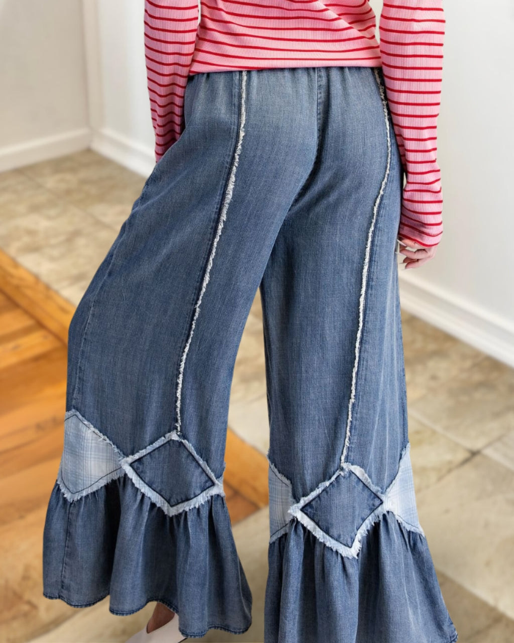 Raw-edge Patchwork Wide-leg Denim Pants