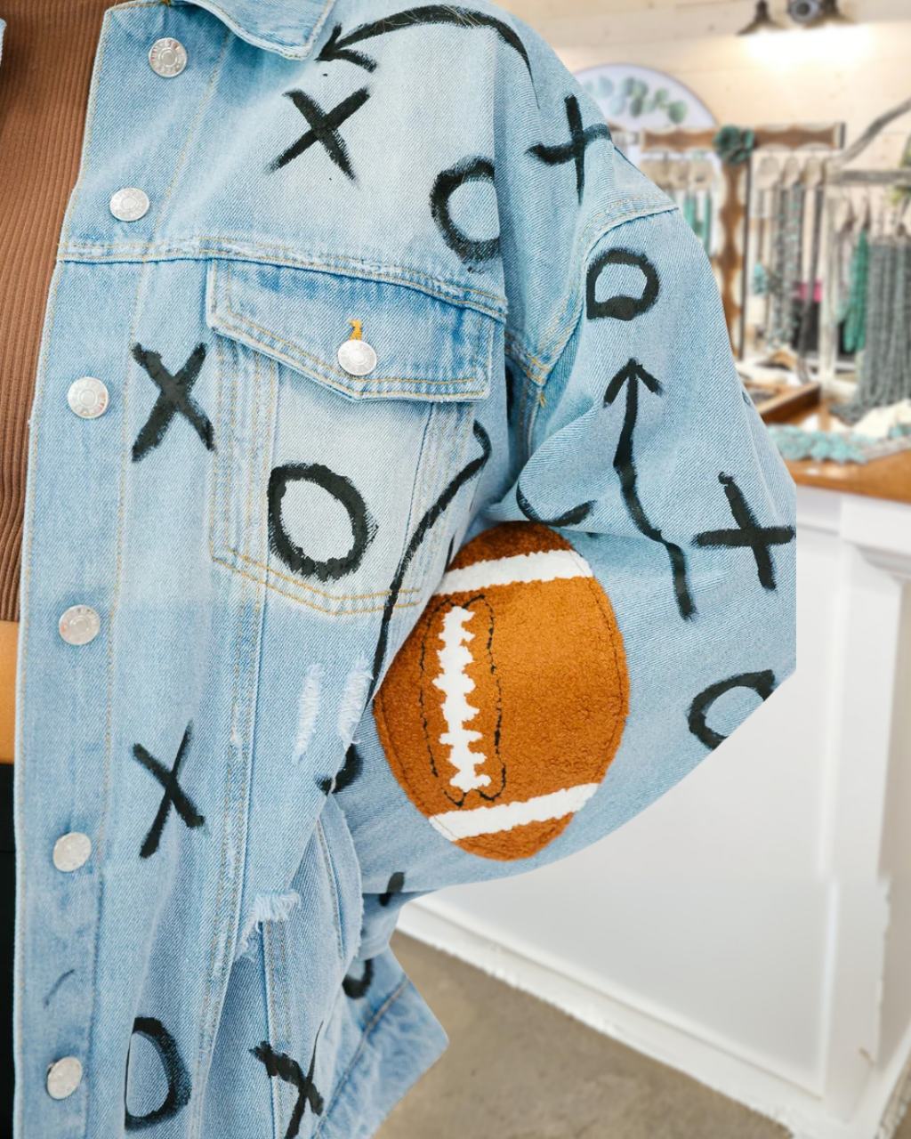 Football Embroidered Tactical Graffiti Print Denim Jacket