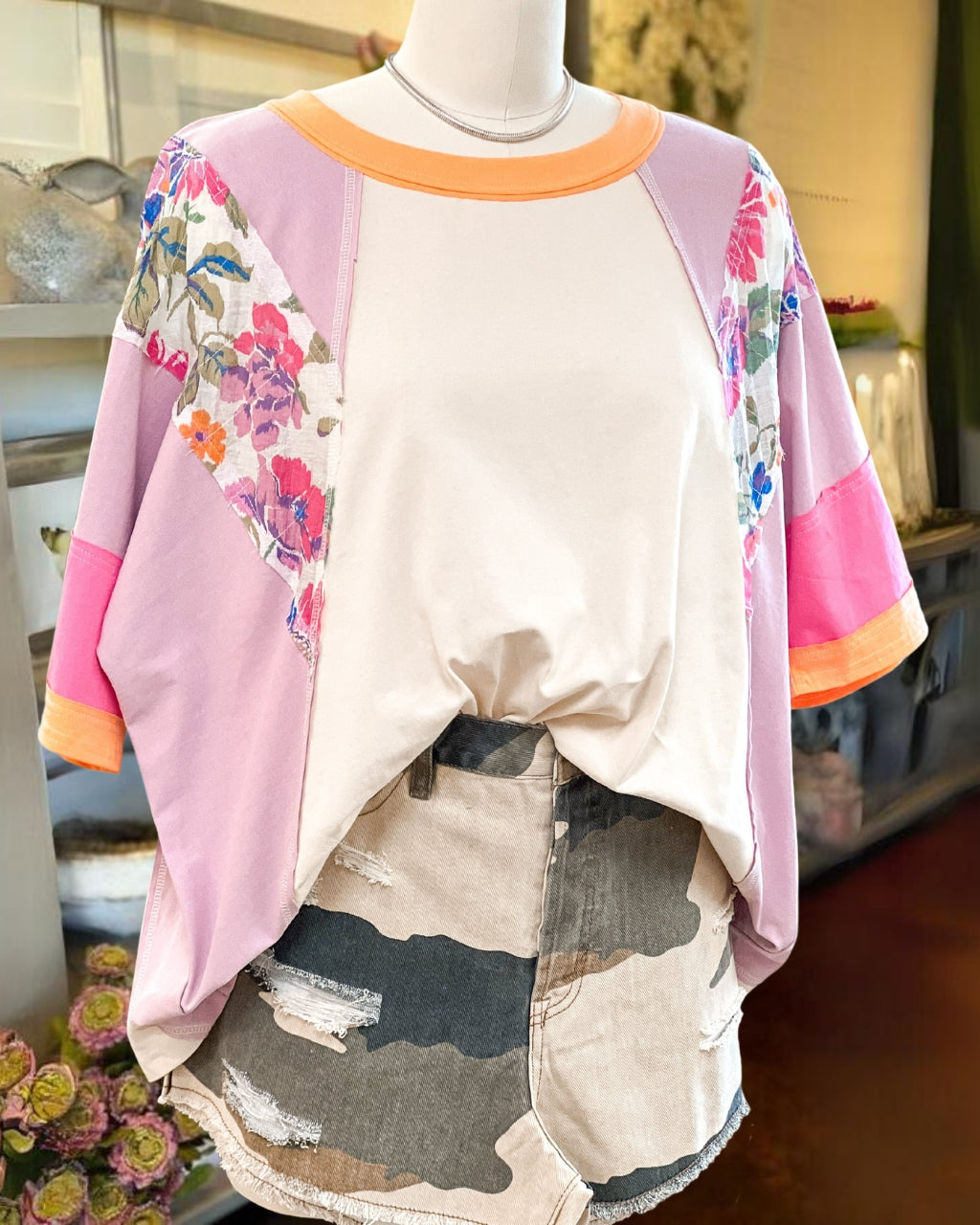 Floral Seams Color Block Oversize Tee