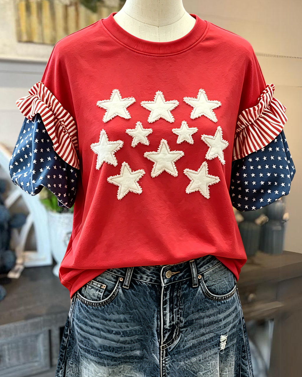 Unique Flag-sleeved Star-embroidered Top