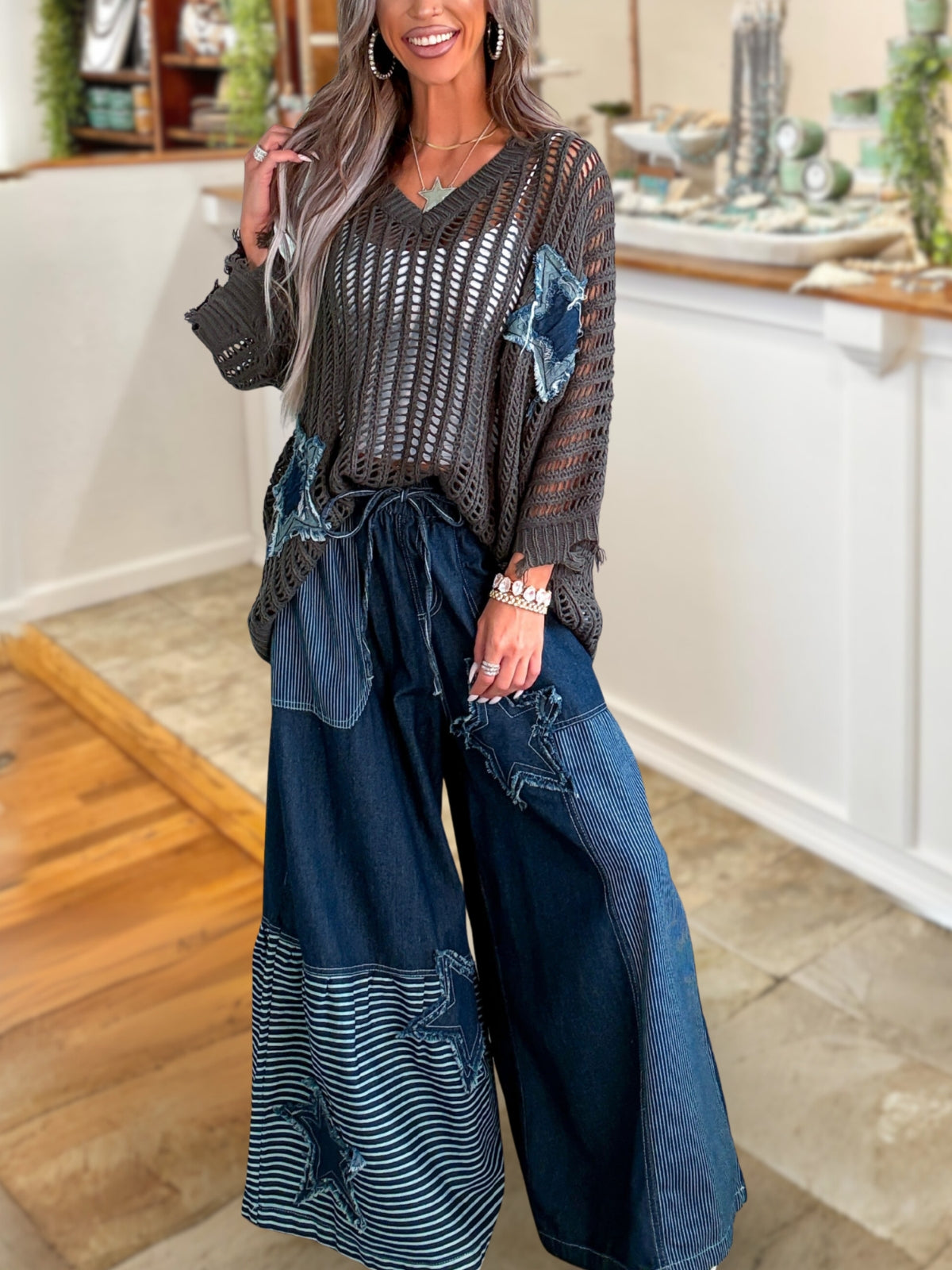 Star Appliqué Embroidered Patchwork Jeans