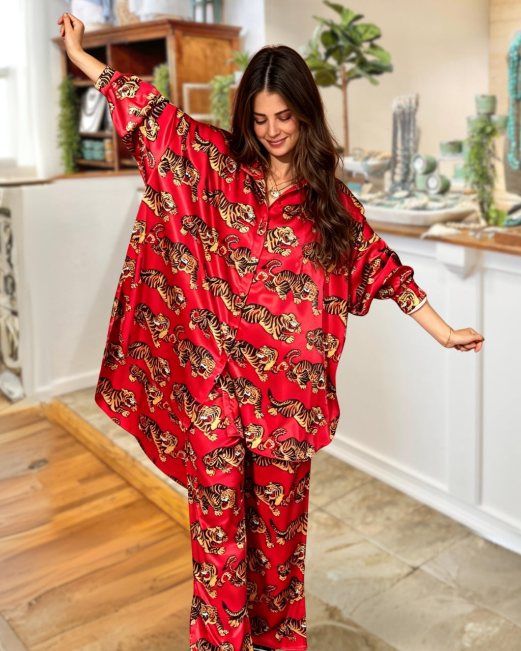 Oversized Tiger Print Satin Set