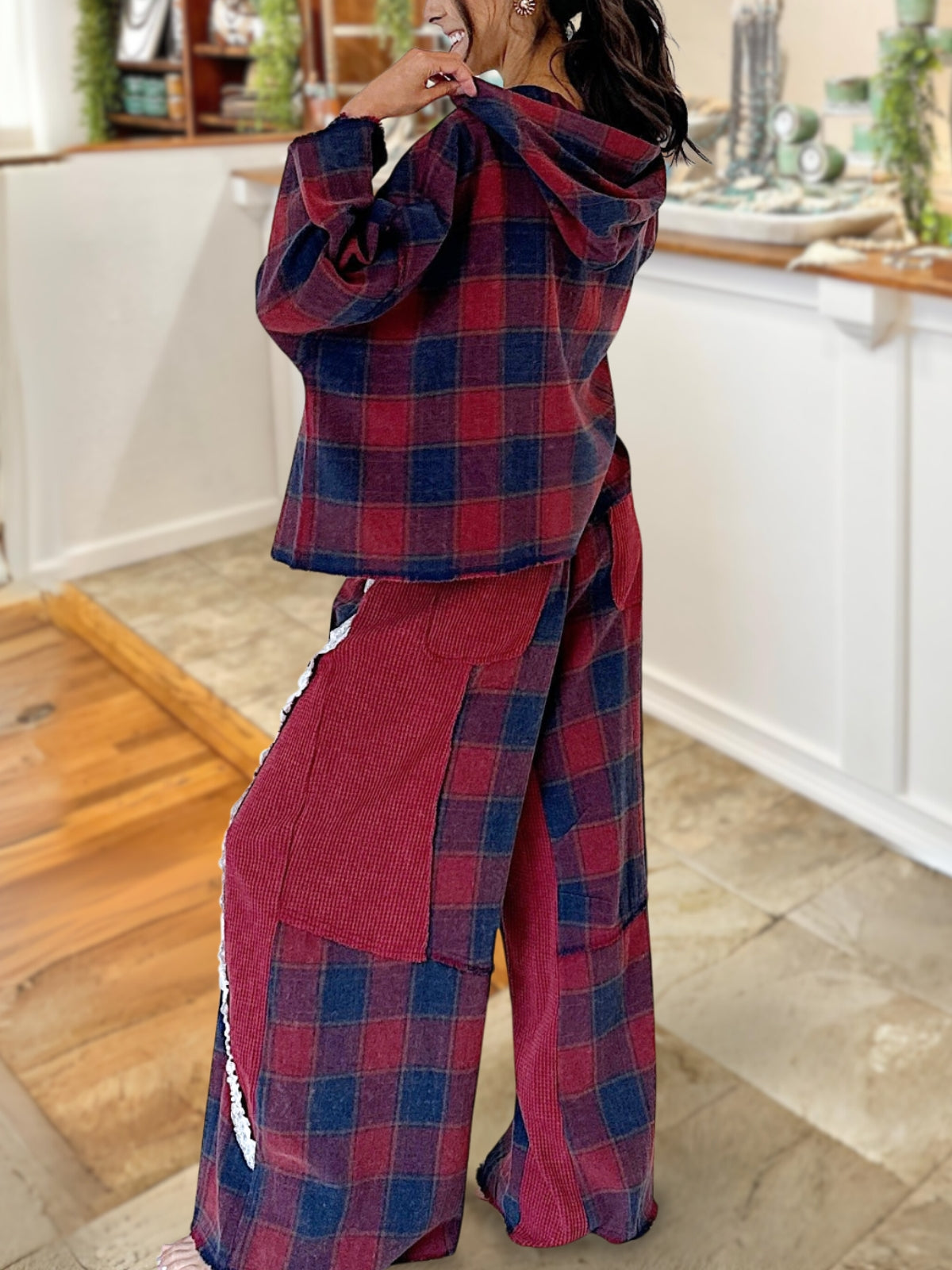 LOVE Patch Plaid Hooded Top