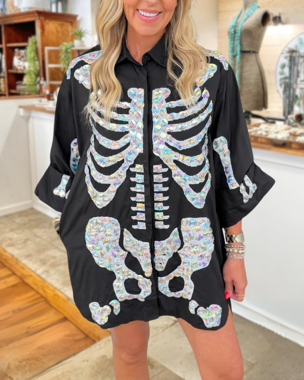 Skull Sequins Rhinestones Poplin Shirt Dress