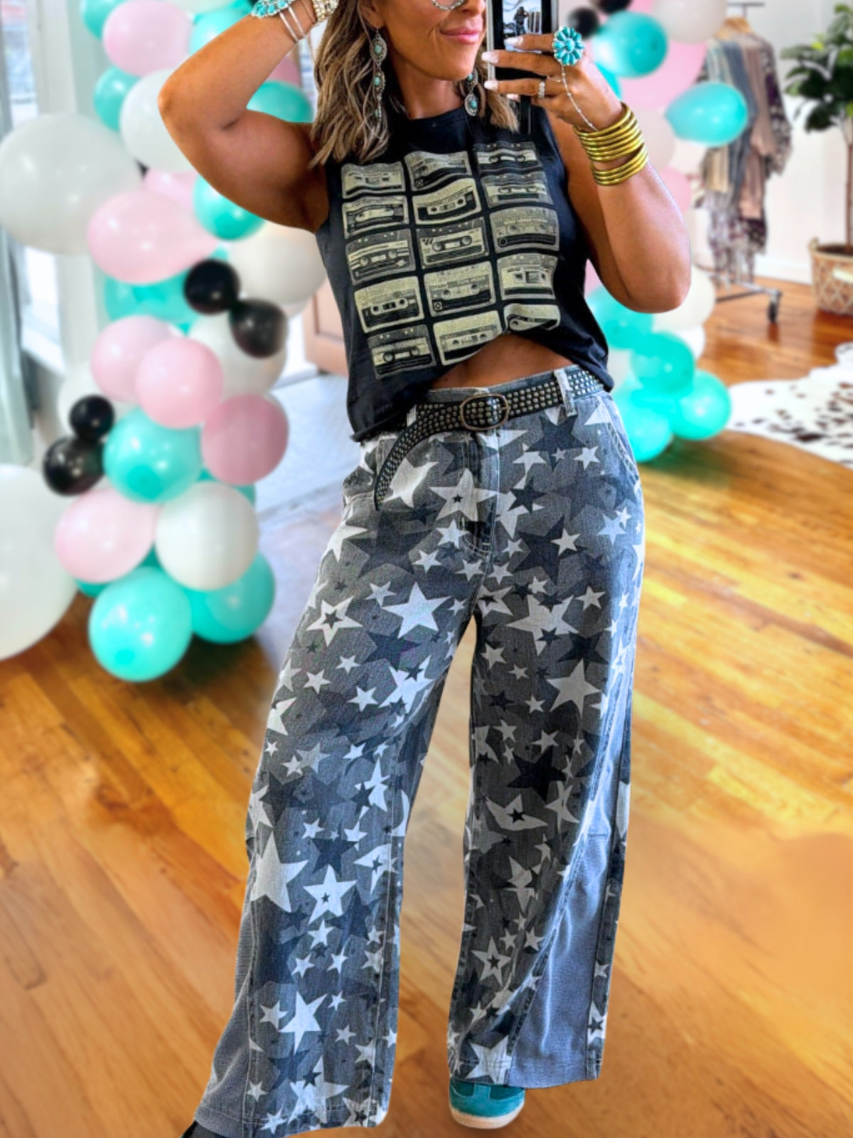 All-Over Star Print Wide Leg Jeans