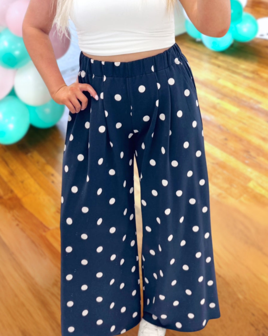 Pleated Polka Dot Wide Leg Pants