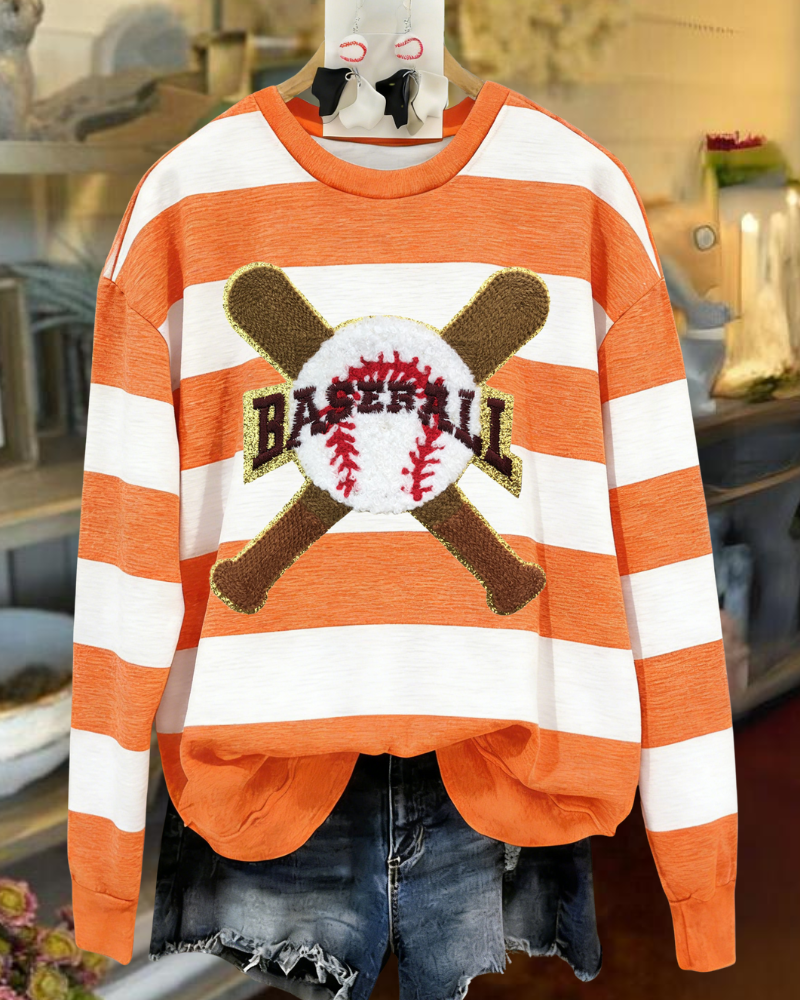 Baseball Embroidered Striped Sweatshirt