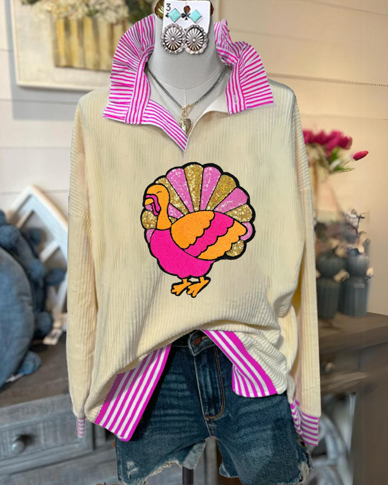 Fun Turkey Sequined Ribbed Top