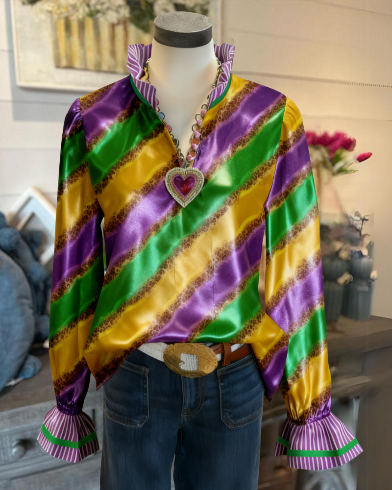 Striped Ruffled V-Neck Satin Blouse