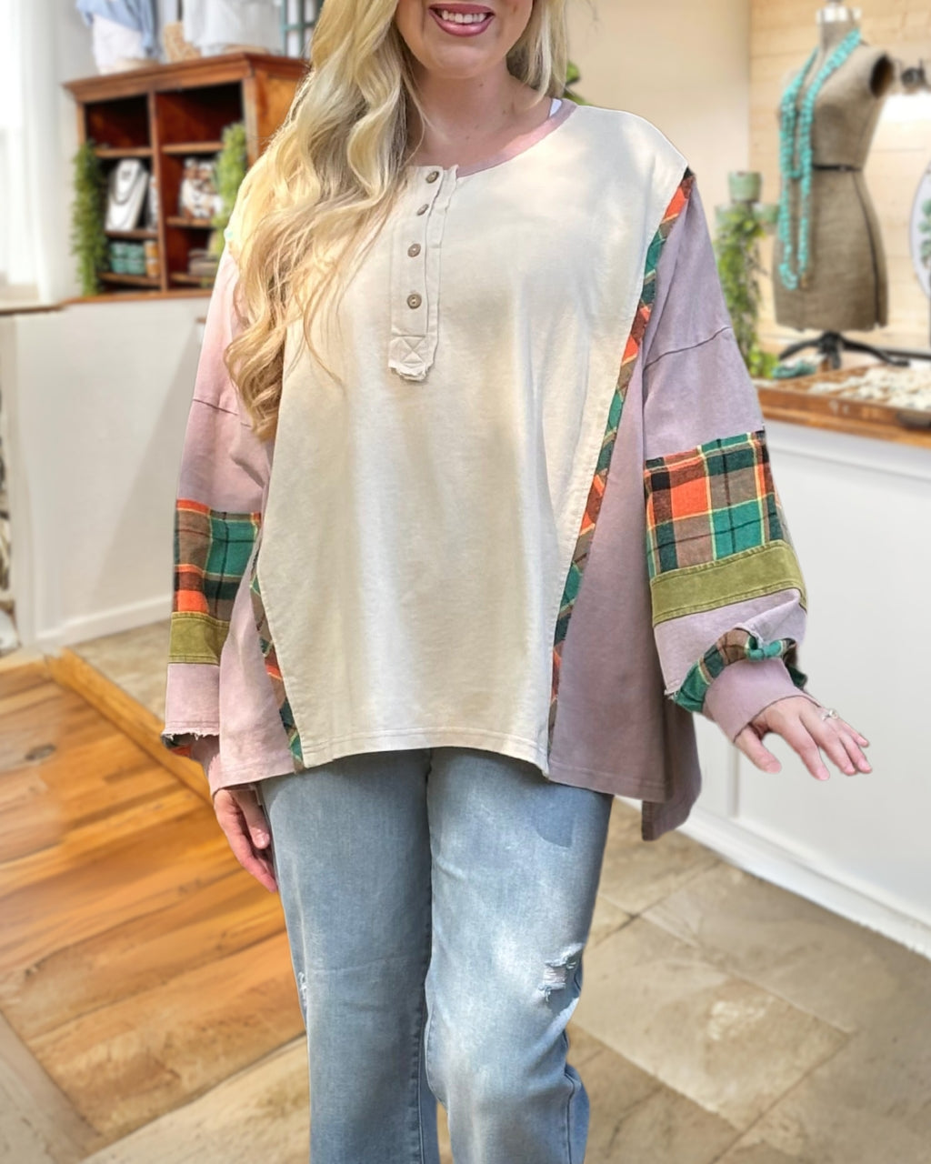 Mixed Plaid Patch Henley Pullover